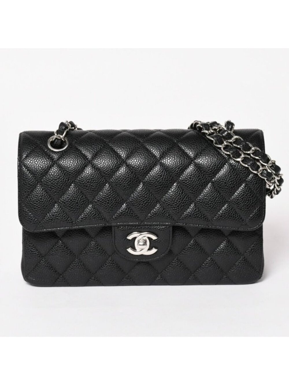 Chanel Quilted 23 Double Flap Chain Shoulder Bag Caviar Leather CC Logo Silver